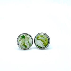 White and green marble clay stud earrings. Handmade!
